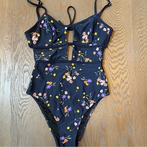 Cupshe Floral Cut-Out One Piece Swimsuit - Black and Multicolor